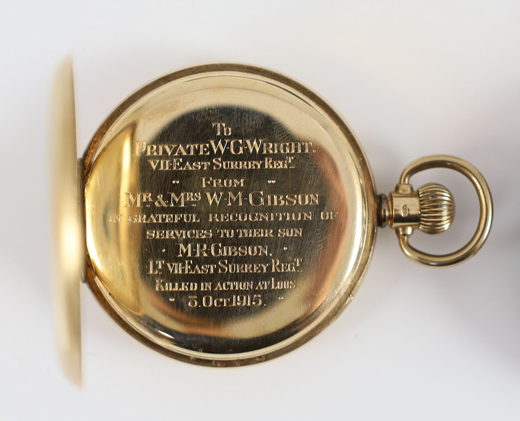 WWI interest: W G Wright, East Surrey Regiment 9ct gold presentation open faced keyless lever pocket watch, hallmarked for Birmingham, 1915, with Roman dial 1914-5 star, various shooting medals and a German soldier's ala